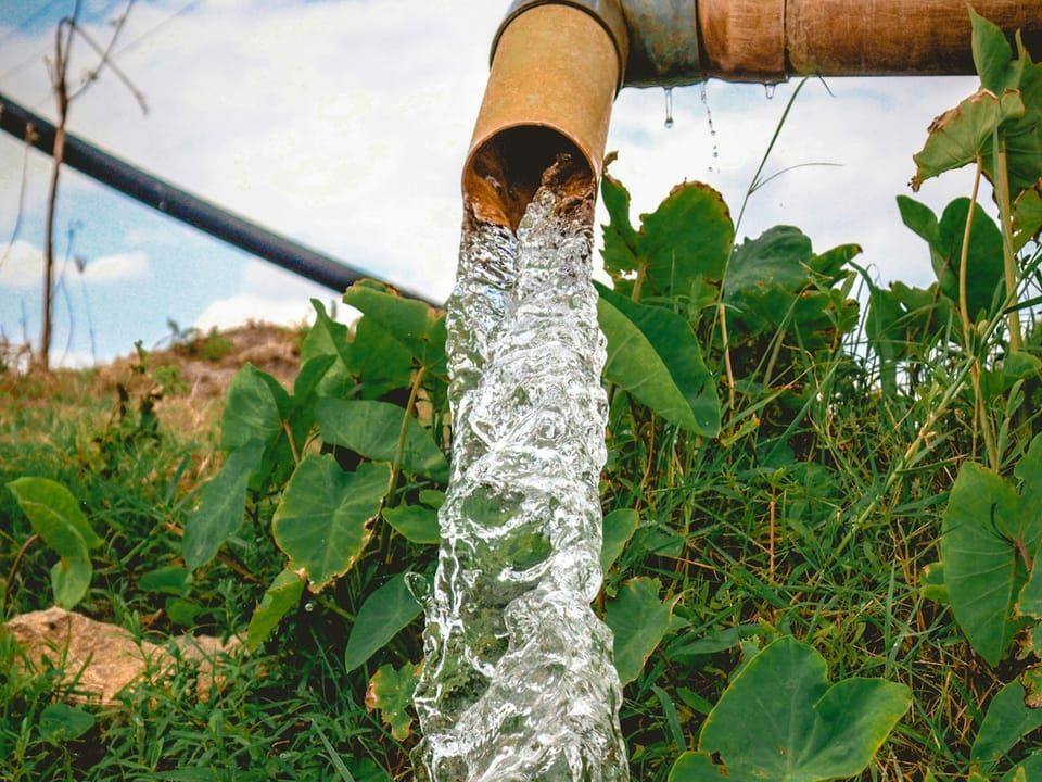 Water gushing from a pump outlet pipe into a field