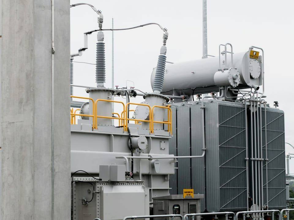 A power transformer in an outdoor substation